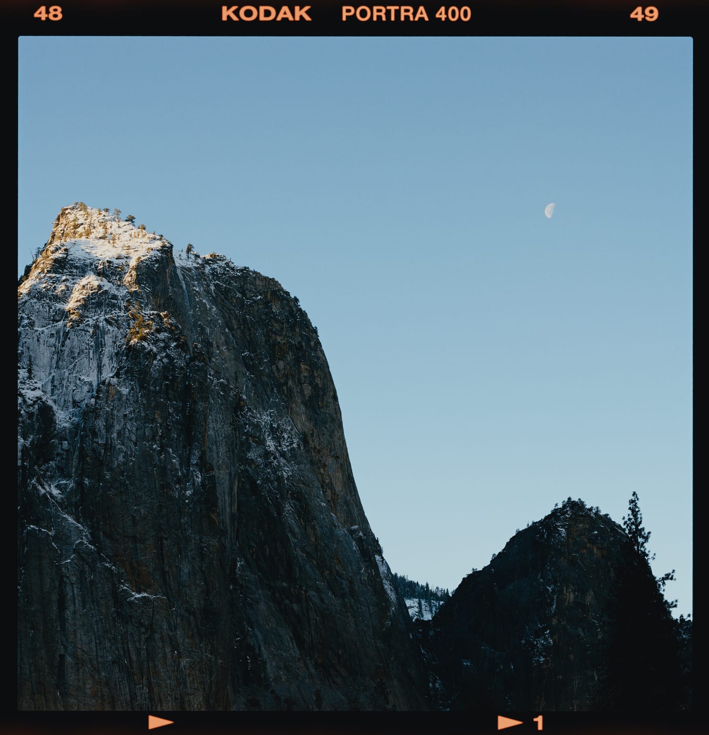 A granite face and a half moon, Kodak Portra 400 on 6×6.