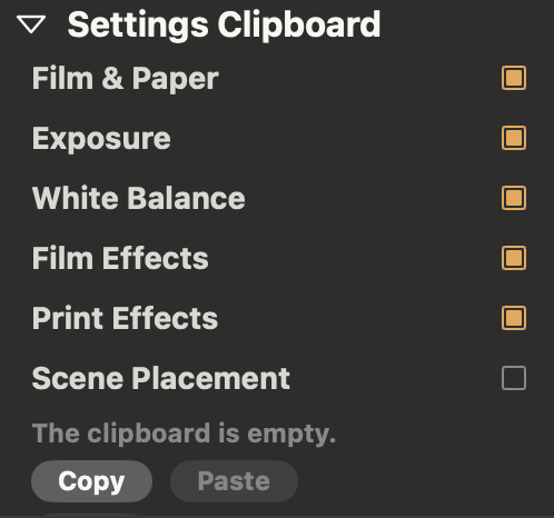 The Settings Clipboard: Film and Paper, Exposure, White Balance, Film Effects, Print Effects and Scene Placement, with Copy and Paste.