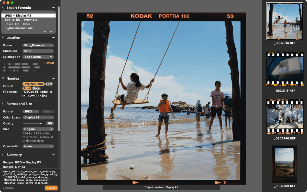 The export page: a recipe list, location and naming, format and size, and an output preview of a beach swing on Kodak Portra 160.